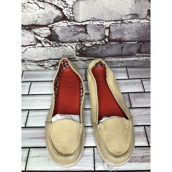 Crocs Melbourne II Khaki Canvas Slip on Loafers Boat Shoes Women’s Sz 6M US/36EU - Picture 11 of 16